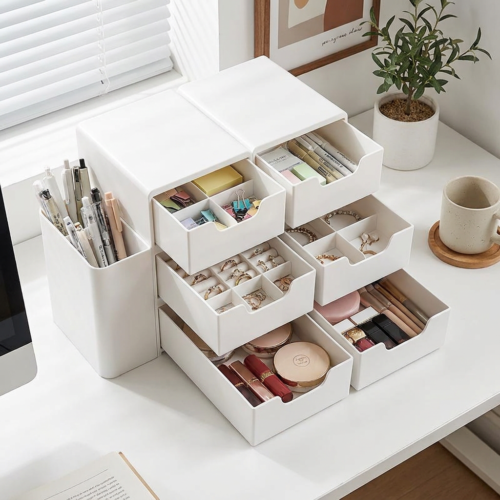Chic 3-Tier Desk Organizer - drawers open with office, jewelry and cosmetics storage