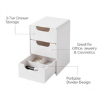 Chic 3-Tier Desk Organizer - benefit callouts: 3-tier drawers, office/jewelry/cosmetics storage, portable divider design