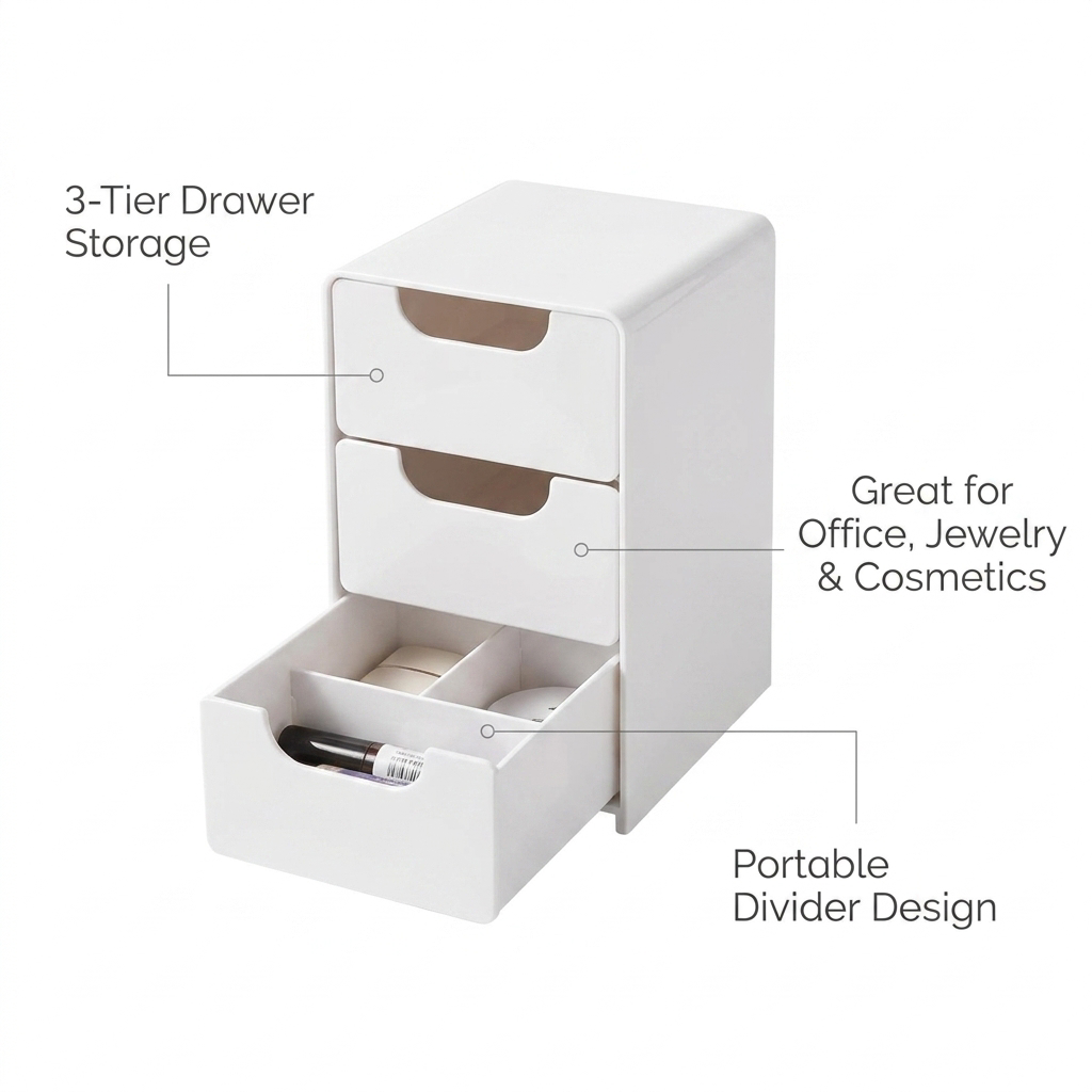 Chic 3-Tier Desk Organizer - benefit callouts: 3-tier drawers, office/jewelry/cosmetics storage, portable divider design