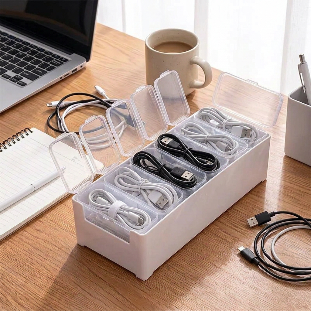 Data Cable Storage Box - compartments open holding cables and adapters on desk