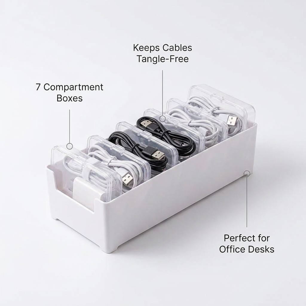 Data Cable Storage Box - benefit callouts: 7 compartment boxes, tangle-free cables, perfect for office desks