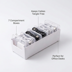 Data Cable Storage Box - benefit callouts: 7 compartment boxes, tangle-free cables, perfect for office desks