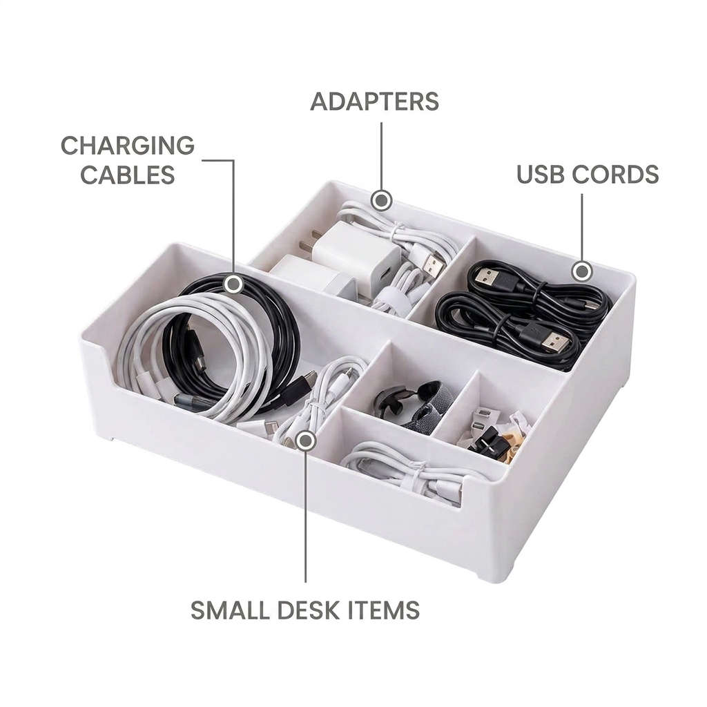 Data Cable Storage Box - holds charging cables, adapters and USB cords