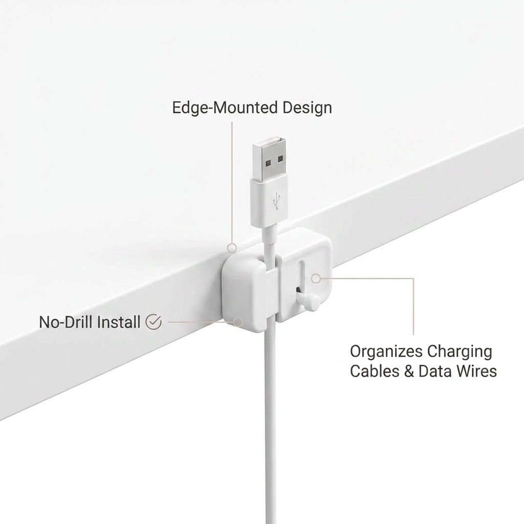 Cable Management Clip - benefit callouts: no-drill install, edge-mounted, organizes cables and wires