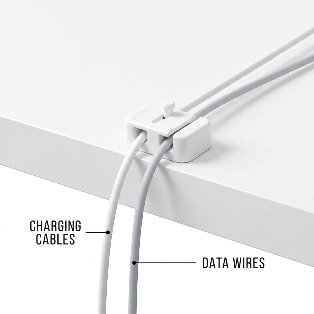 Cable Management Clip - organizes charging cables and data wires along desk edge