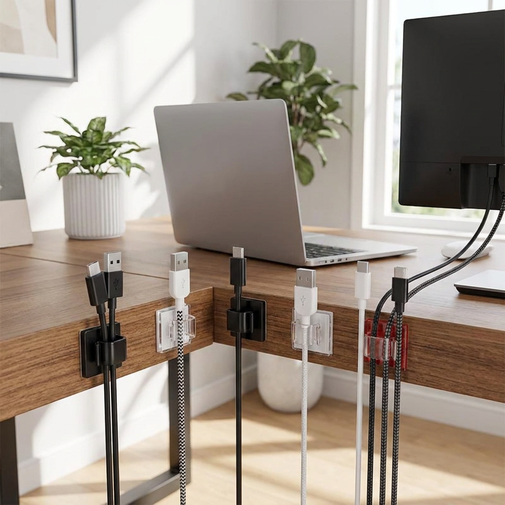 Cable Organizer Clips - mounted along desk edge routing USB cables