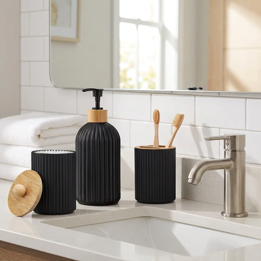 Bathroom Countertop Soap Dispenser Set - styled on bathroom sink