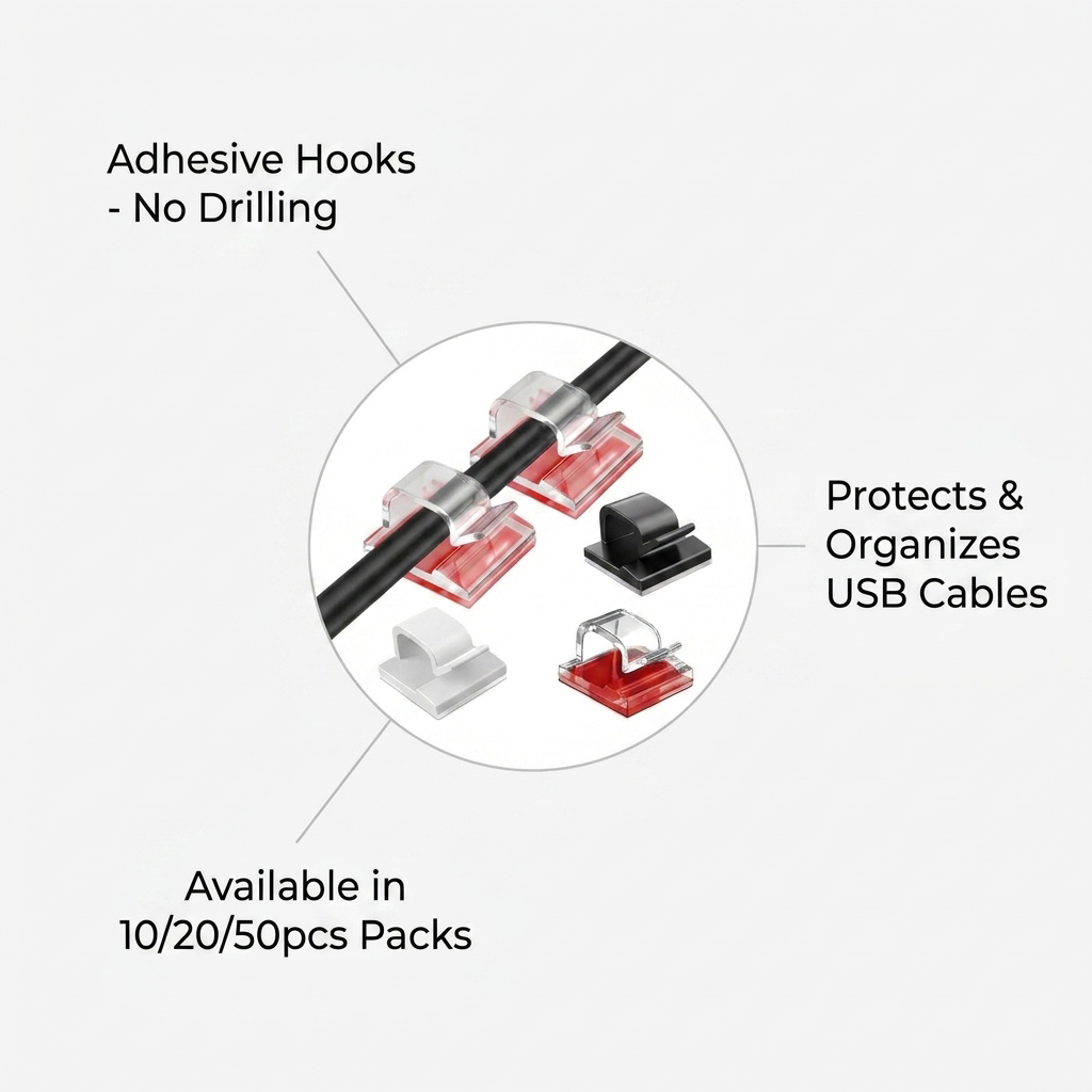 Cable Organizer Clips - benefit callouts: adhesive no-drill hooks, protects USB cables, available in 10/20/50pcs