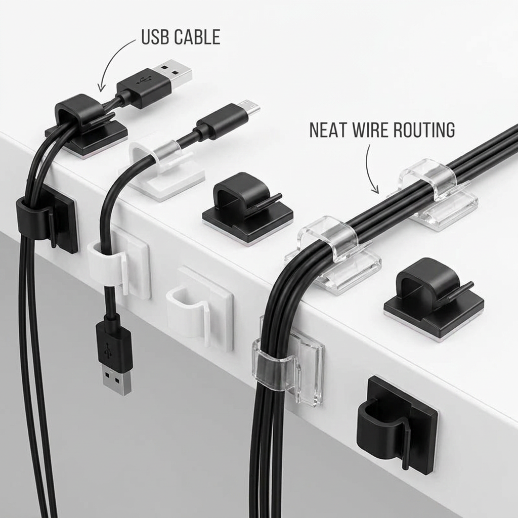 Cable Organizer Clips - holds USB cables and wires along desk edge