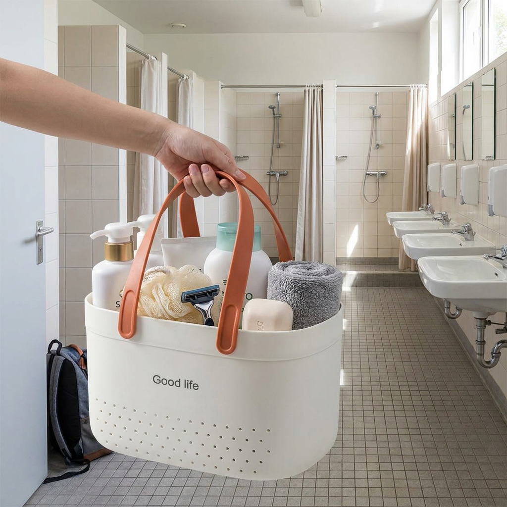 Portable Shower Caddy Basket - carried into bathroom