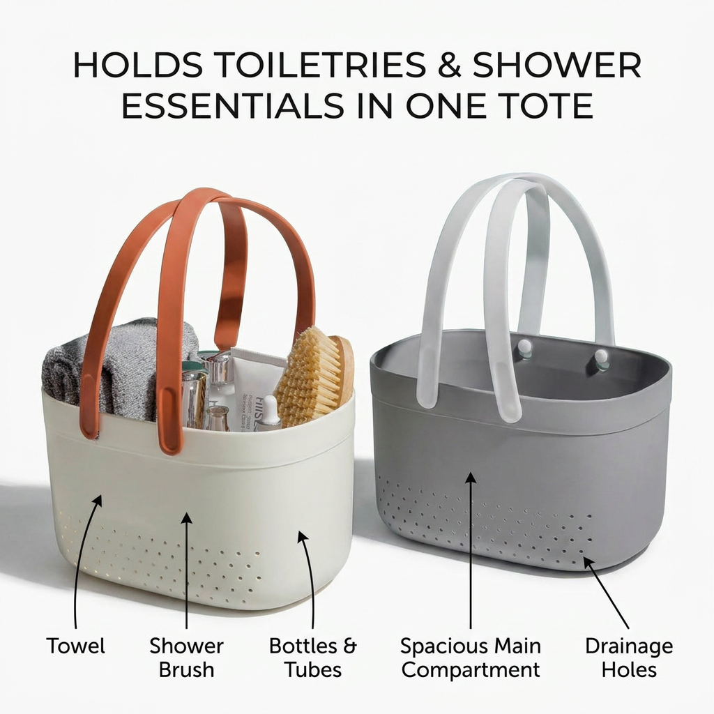 Portable Shower Caddy Basket - what it holds infographic