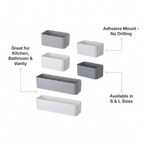 Wall Mounted Organizer Storage Box - benefit callouts: adhesive no-drill mount, S and L sizes, kitchen bathroom vanity
