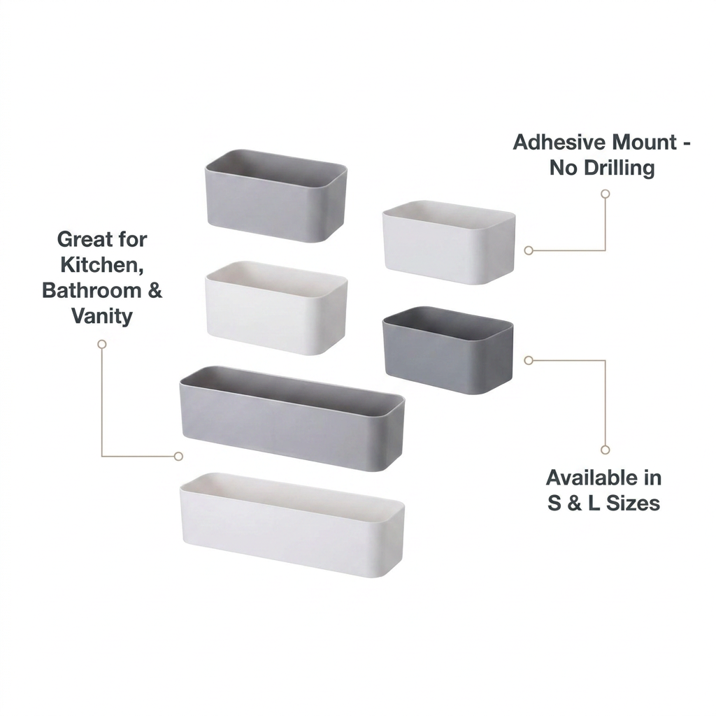Wall Mounted Organizer Storage Box - benefit callouts: adhesive no-drill mount, S and L sizes, kitchen bathroom vanity
