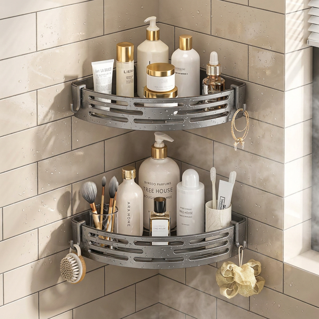 Modern Bathroom Corner Organizer Rack - mounted in shower corner