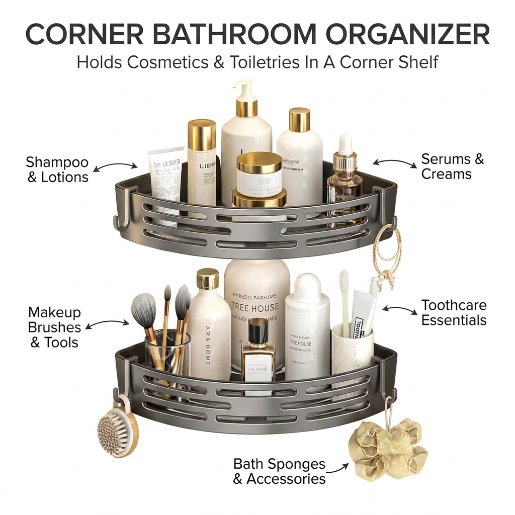 Modern Bathroom Corner Organizer Rack - what it holds infographic