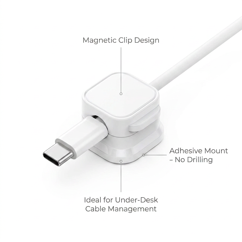 Magnetic Cable Clip - benefit callouts: magnetic clip design, adhesive no-drill mount, under-desk cable management