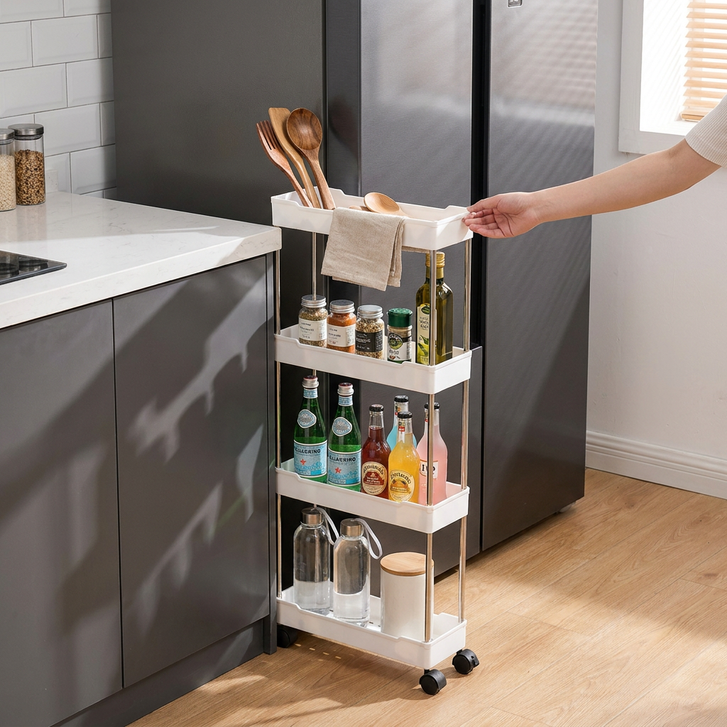 3/4 Tier Movable Gap Storage Rack - in kitchen gap in-use angle
