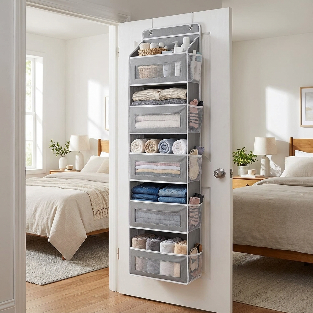 5-Shelf Hanging Storage Organizer - behind door bedroom lifestyle