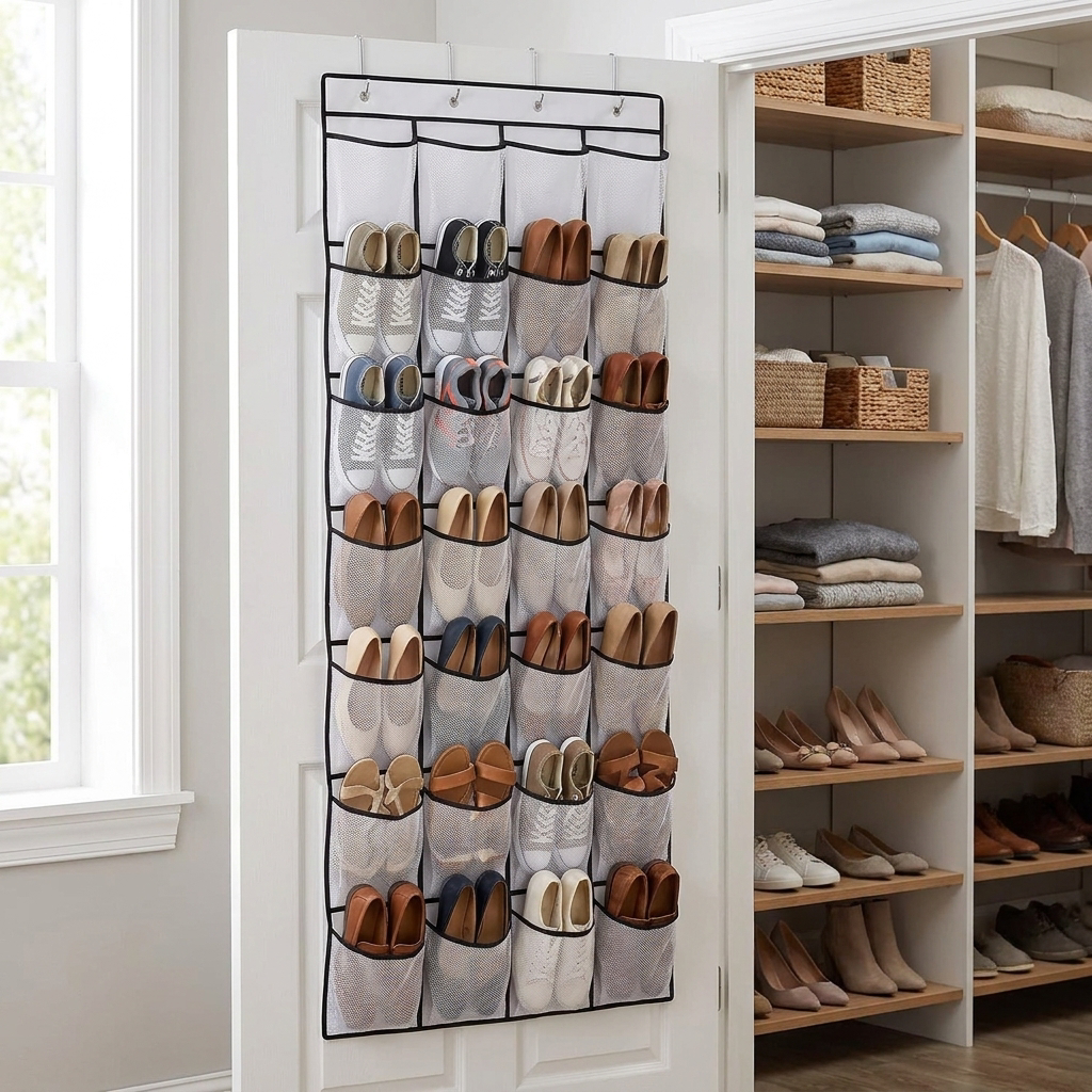 Over The Door Shoe Organizer - hanging on closet door in use