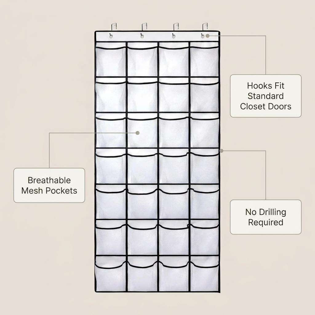 Over The Door Shoe Organizer - benefit callout infographic