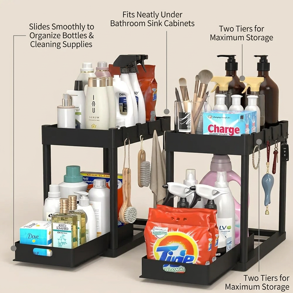2-Tier Sliding Under Sink Organizer - storage capacity infographic