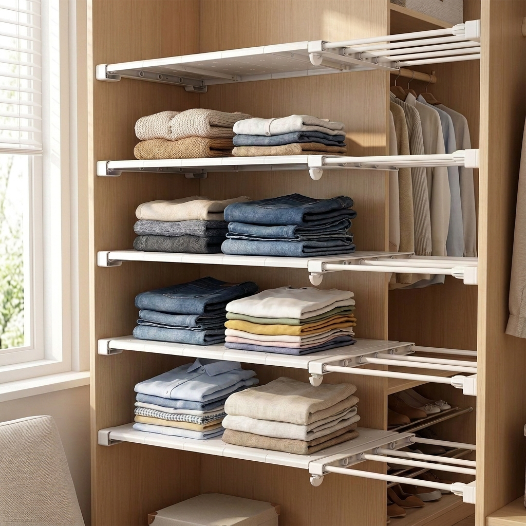 Adjustable Closet Organizer Shelf - installed inside wardrobe lifestyle