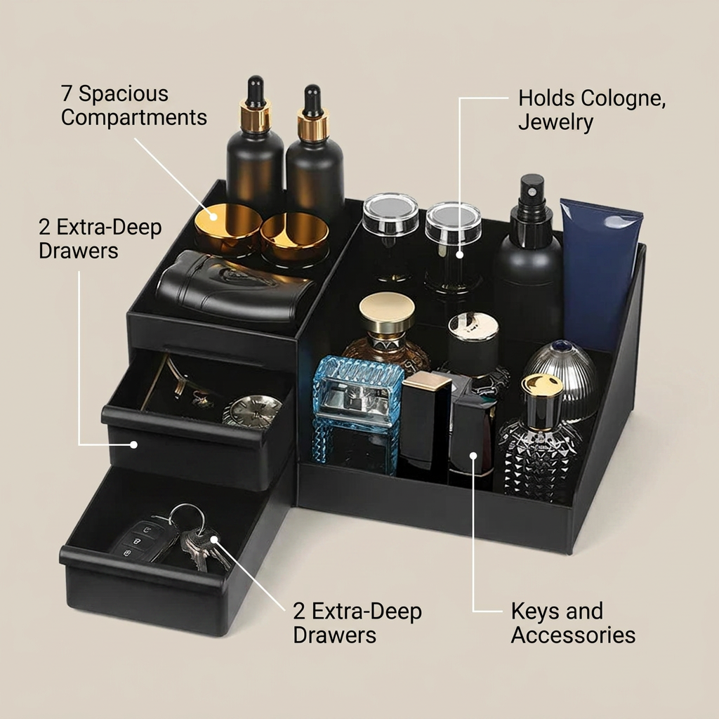 Bathroom Countertop Cologne Organizer With Drawers - capacity infographic