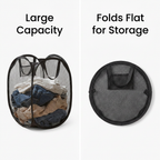 Foldable Pop-Up Laundry Basket - capacity and folded storage infographic