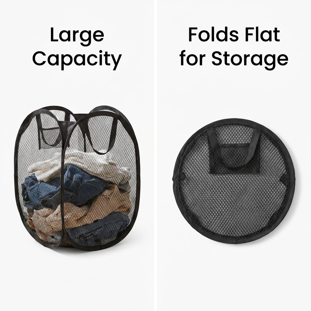 Foldable Pop-Up Laundry Basket - capacity and folded storage infographic