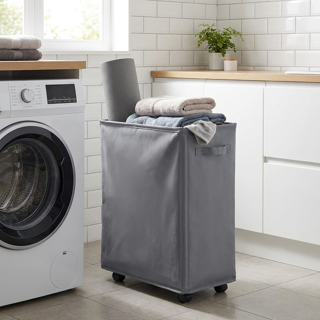 Laundry Basket with Wheels - bathroom lifestyle with yoga mat