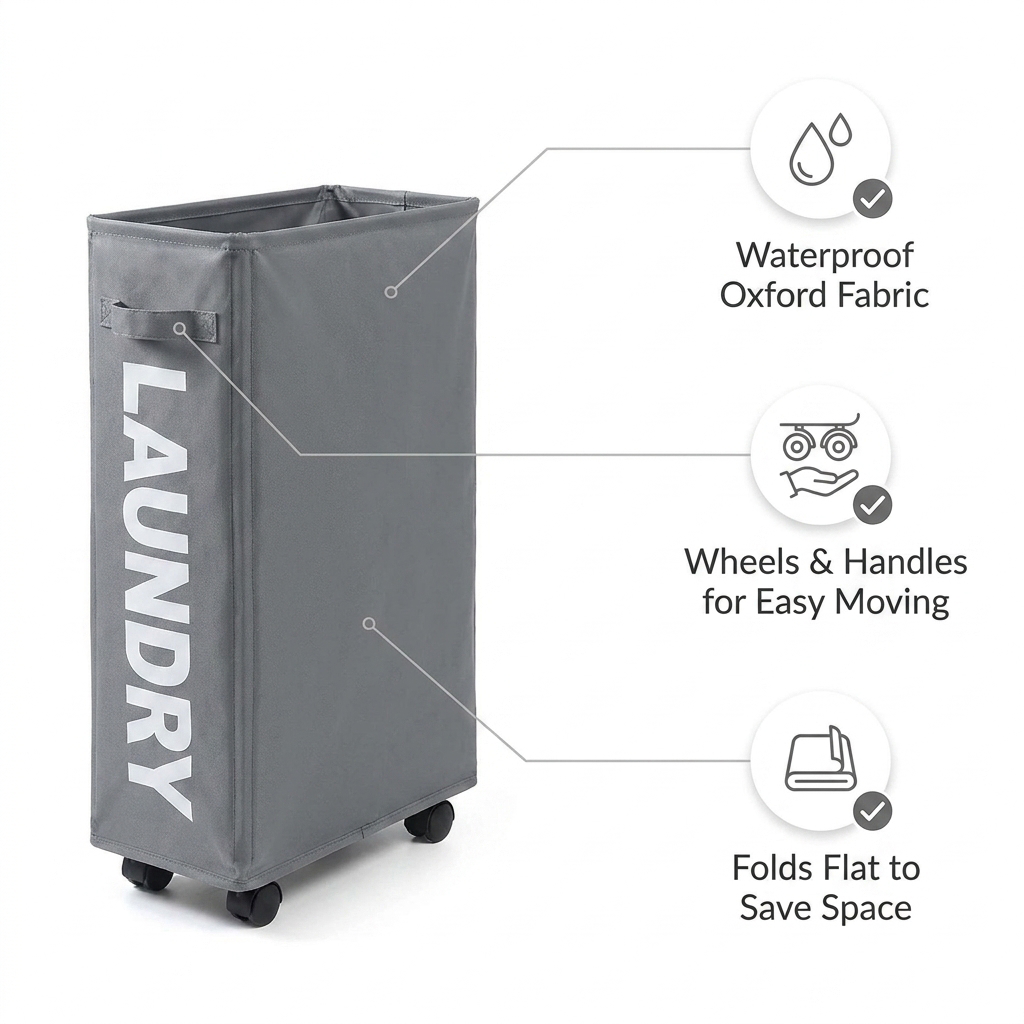 Laundry Basket with Wheels - key benefits infographic