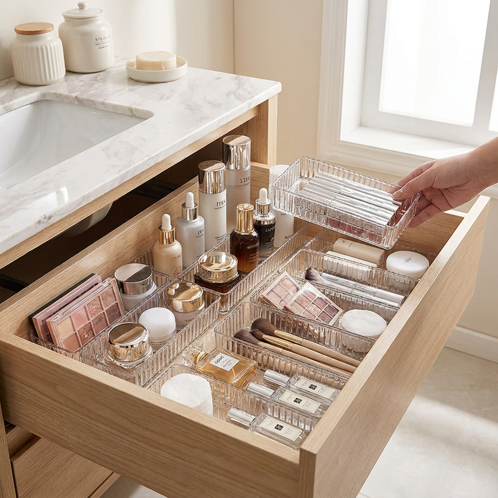 Transparent Modular Drawer Organizer Set - bathroom vanity drawer lifestyle
