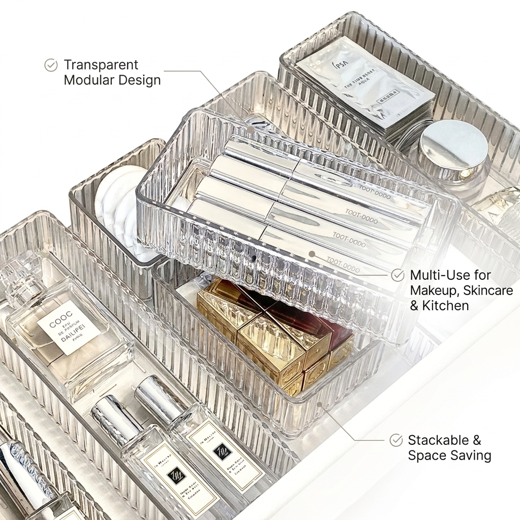 Transparent Modular Drawer Organizer Set - key benefits infographic