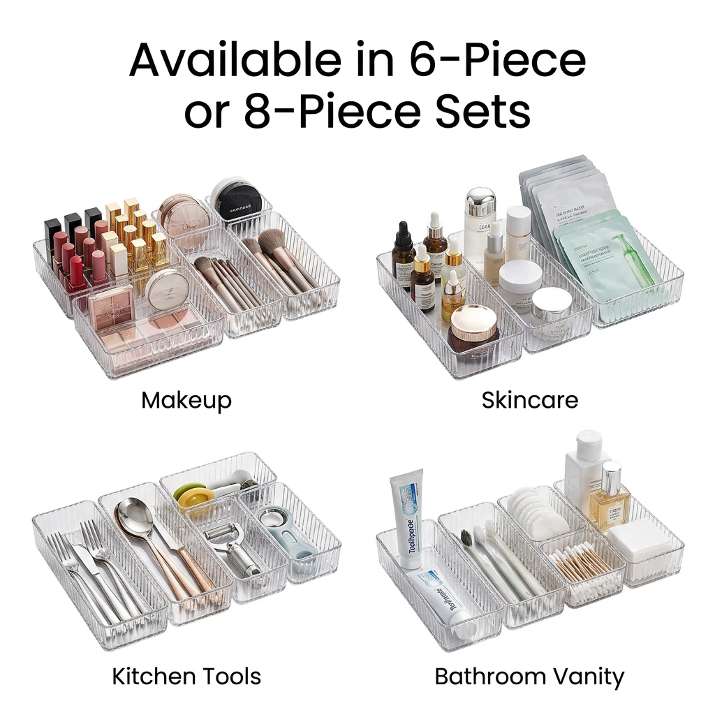 Transparent Modular Drawer Organizer Set - set sizes infographic