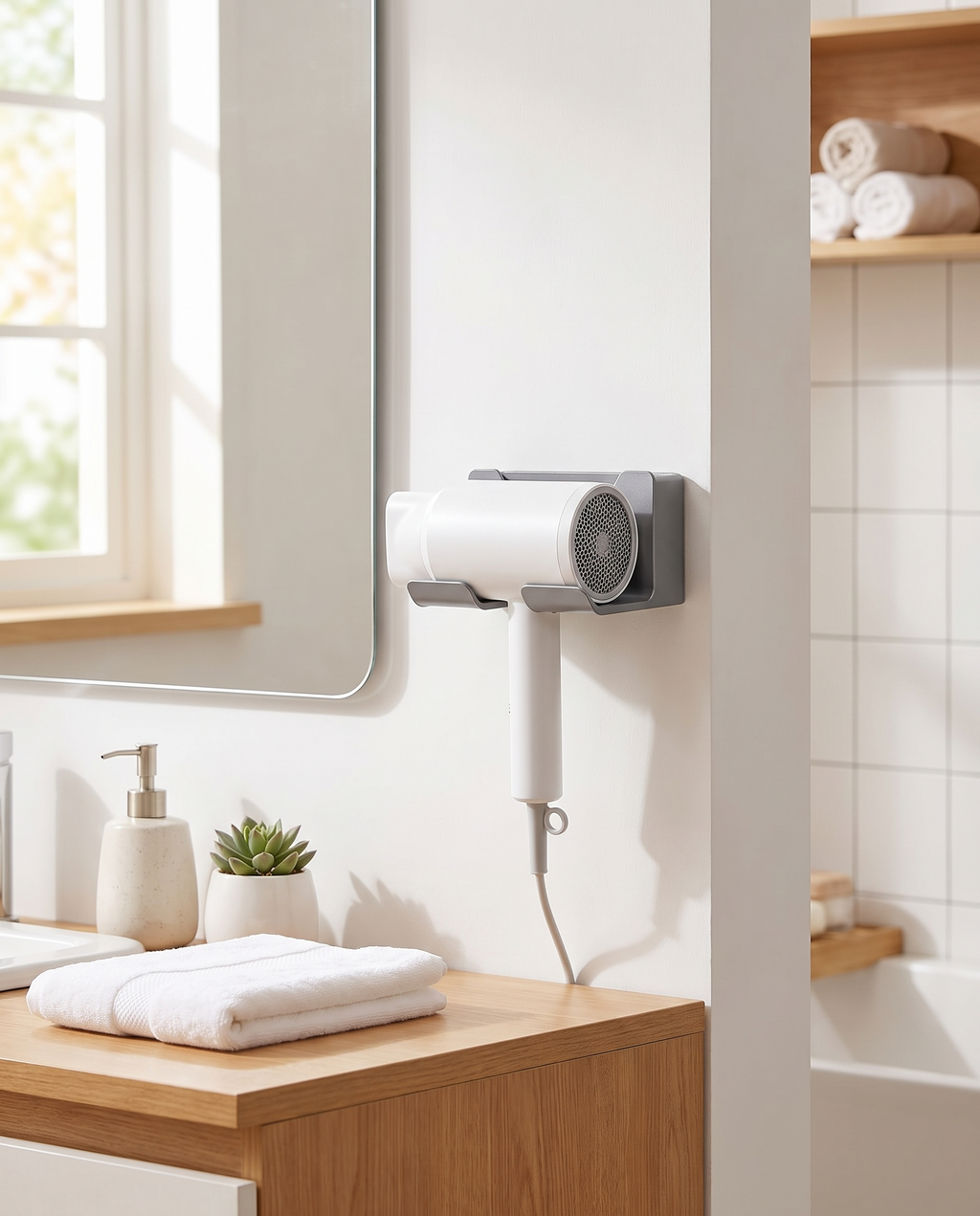 Small hair dryer holder mounted in a bright modern bathroom lifestyle scene