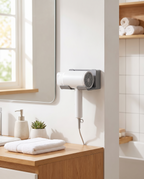 Small hair dryer holder mounted in a bright modern bathroom lifestyle scene