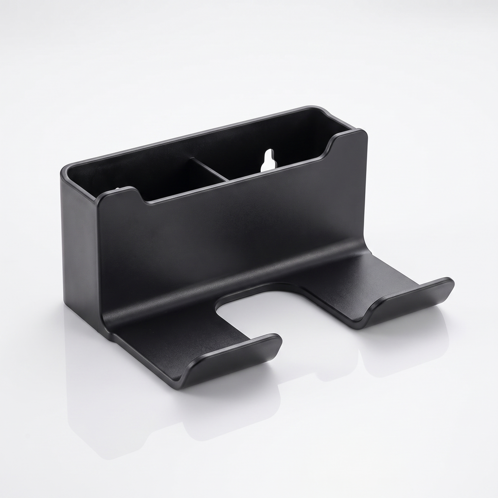 Wall-mounted hair dryer holder, close-up of shelf and mounting bracket