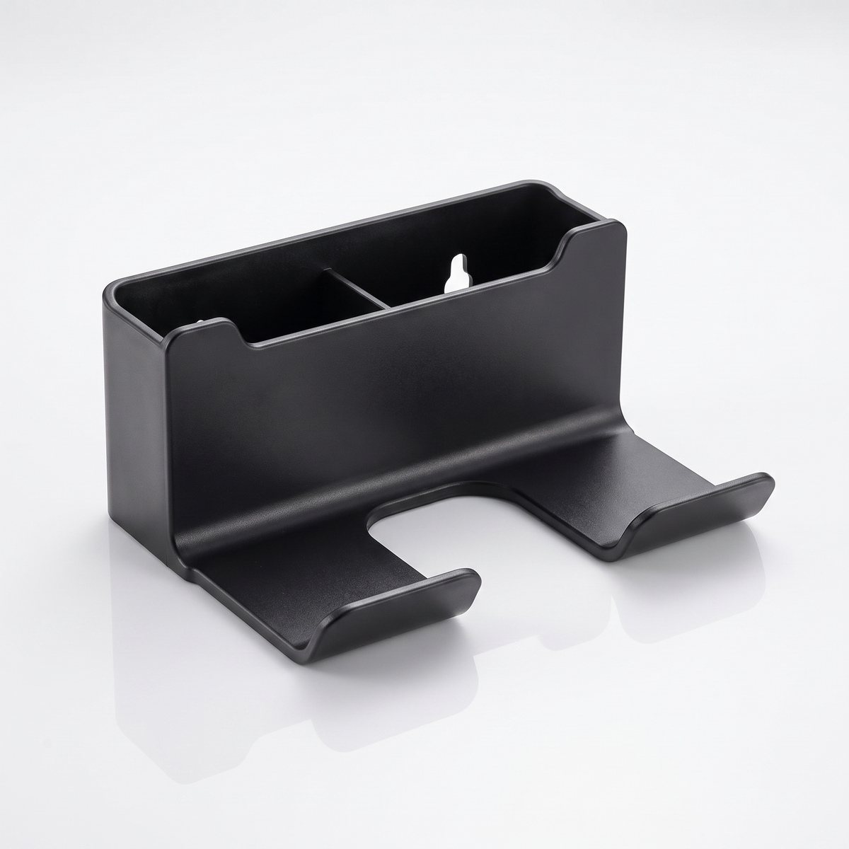 Wall-mounted hair dryer holder, close-up of shelf and mounting bracket