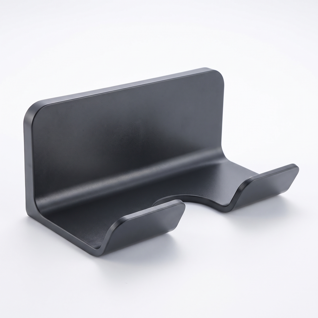 Wall-mounted hair dryer holder, white studio background, front three-quarter view